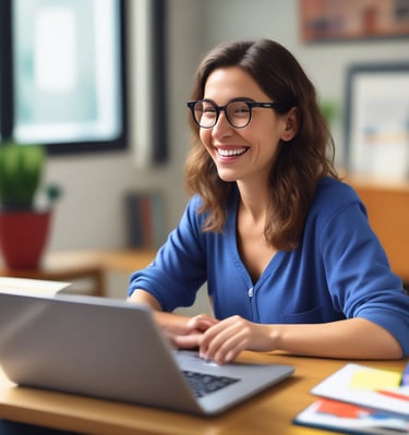 A cheerful teacher interacting with students online