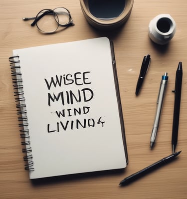 An open journal with a pen resting on a wooden table.