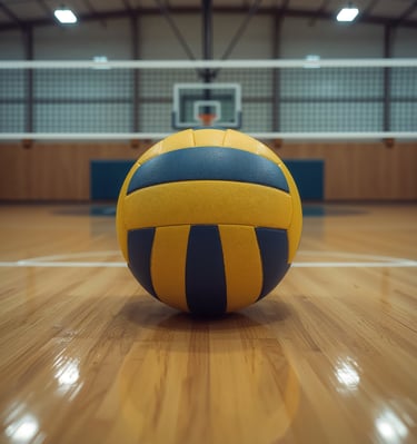 A yellow and blue volleyball resting on a polished indoor court with a net in the background, captur