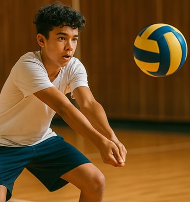 A focused teenage volleyball player in a white t-shirt and navy shorts prepares to bump the ball in