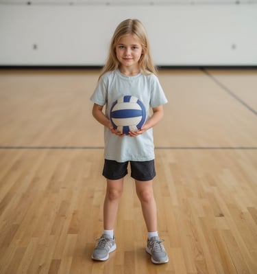 A young blonde girl stands on a gym court holding a volleyball, smiling confidently as she begins le