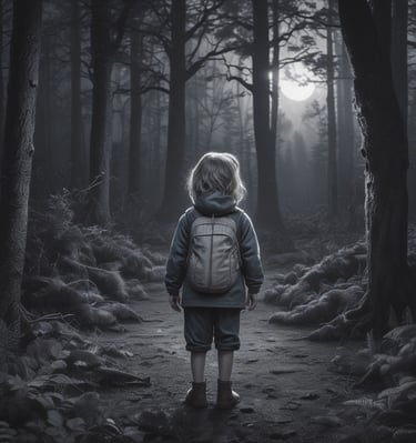 Scene depicting a Halloween-themed setup with three spooky figures resembling witches or scarecrows in front of a faux brick wall. The central figure, dressed in tattered, web-covered clothing, stands behind a rustic wooden bar with a large bottle and goblet atop. To the left, a green-faced figure holds a carved pumpkin. To the right, a rustic scarecrow-like figure has straw for hair. Above them, a picture of a haunted house adds to the eerie atmosphere.