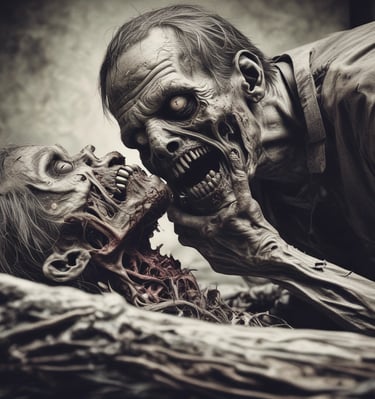 A horror-themed black and white image depicting a person with a gruesome facial injury or special effects makeup. The person's hair is disheveled, and they wear a sleeveless shirt with tattoos visible on the arms. The background appears to be an urban setting out of focus.