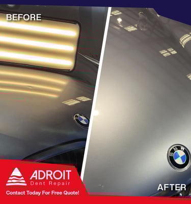 Hood dent on BMW 550i, aluminium panel