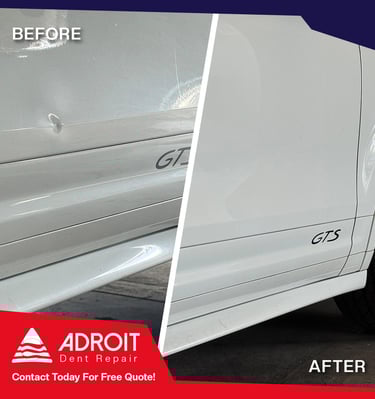 Body line damage on Cayenne GTS door. Glue pull technique 