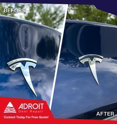 Fixed lift gate dent on Tesla Model Y using glue pull and lateral tension bar technique.