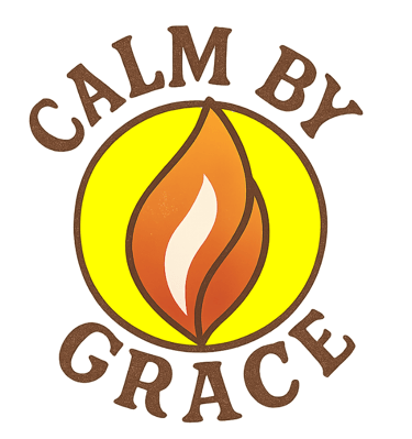 Calm By Grace Logo. A bright yellow circle with an Auburn flame of the Holy Spirit within