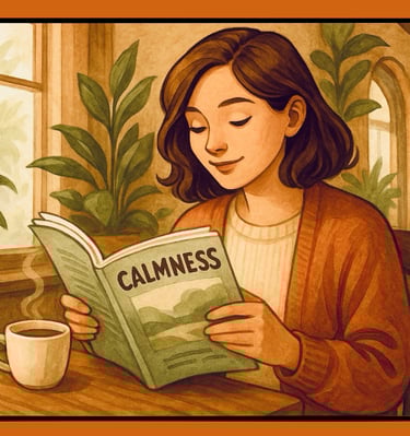 Content woman sipping tea in coffee shop and reading about calmness.