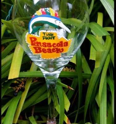 Pensacola Beach sign on wine glass