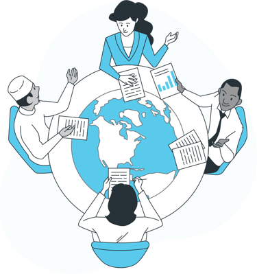 a group of people sitting around a globe connecting