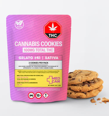 Gelato #41 Sativa cannabis cookies in pink 100mg THC packaging with three chocolate chip cookies.