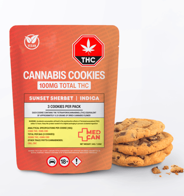 Sunset Sherbet Indica cannabis chocolate chip cookies in a 100mg THC medicinal pouch.