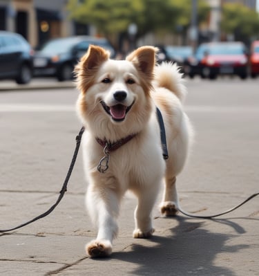 A small white dog with a colorful collar sits on a gravel surface, gazing upward at a person offering a treat. The scene is surrounded by legs of multiple people wearing casual shoes. The dog appears attentive and curious in the outdoor setting.