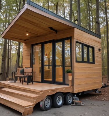 a tiny house with a wooden deck and stairs