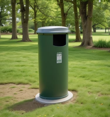 A Dalmatian dog is urinating against a metal trash can with graffiti on it in a grassy park area. The background shows patches of dirt and grass.