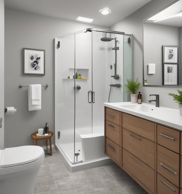 A bathroom with shower and toilet remodeled with high quality materials
