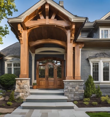 a house with a wooden door and a stone walkway