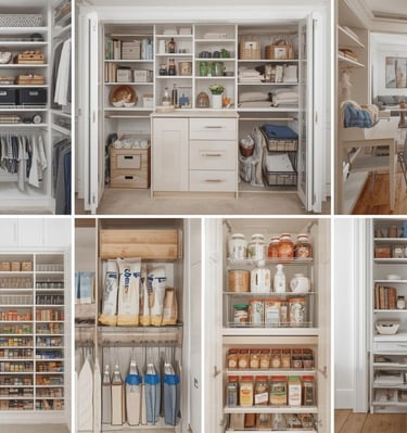 Collage of organized closets, pantries, and storage systems with shelves, drawers, and baskets.