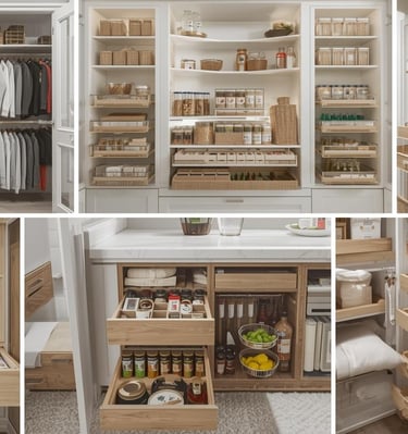 Collage of closets and pantries with shelving, pull-out drawers, baskets, and organized storage.