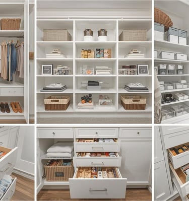 Collage of custom closets and drawers with organized clothes, baskets, and storage bins.