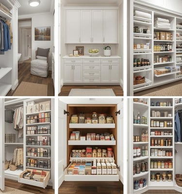 Collage of organized closets, pantries, and drawers with labeled bins and sleek white cabinetry.