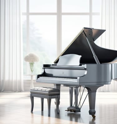 black grand piano in a big white room