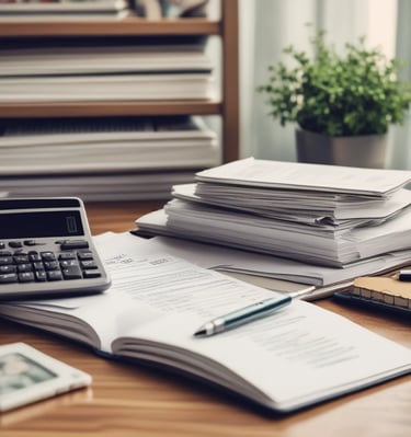 A close-up of blueprints and financial documents on a desk.