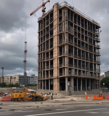 a large brick building with a tall brick building in the background