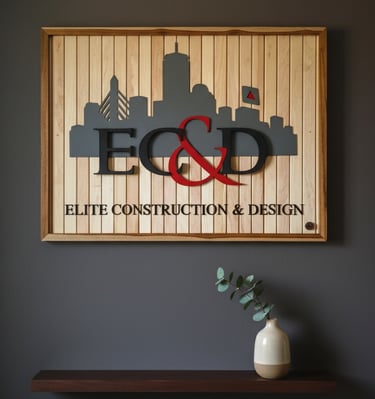 Custom reclaimed wood business sign for Elite Construction & Design (EC&D) with CNC engraved letters