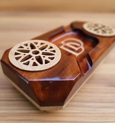 Handcrafted premium wood whiskey and cigar holder with personalized engraving, a unique gift item.