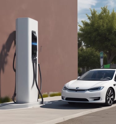A wide shot of multiple electric vehicles lined up at a charzup station under clear blue skies.
