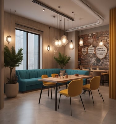 An elegant interior space featuring a high ceiling with layered geometric designs illuminated by warm orange and yellow lights. There are wooden furnishings, including chairs and tables. Decorative elements such as intricate wall carvings and large arched mirrors are present. Potted plants and ambient lighting from lamps on side tables enhance the decor.