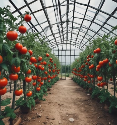 Inside a greenhouse structure, rows of red plant pots filled with small green plants are arranged on wooden shelves. The metal framework and glass panels of the greenhouse are visible, with some haze and condensation. A metal chain is hanging down from the ceiling in the foreground.