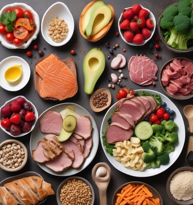 a variety of foods that include meat, vegetables and fruits