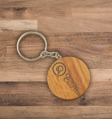 wooden keychain with quick and crafted logo