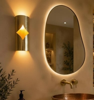 Modern bathroom with a backlit organic shaped mirror, gold wall sconce, and copper sink basin.
