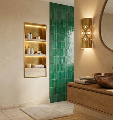 Luxury bathroom with green zellige tiles, a copper vessel sink, and gold recessed shelving.