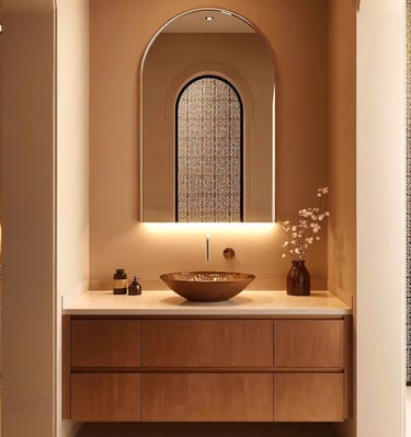 Salle de bain marocaine moderne avec vasque en cuivre artisanal, meuble bois suspendu et miroir arche éclairé.
