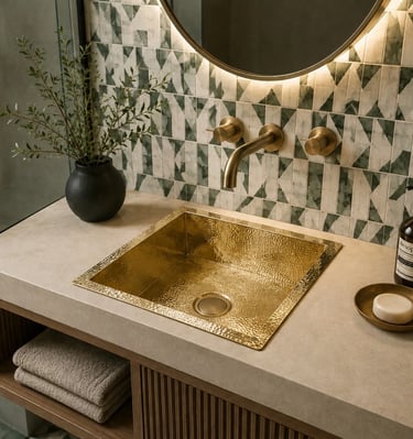 Luxury bathroom vanity featuring a hammered gold drop-in sink with brass wall-mount faucet and green mosaic tile.