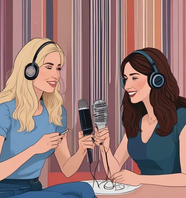 A podcast or radio host is seen speaking into a microphone, captured both directly and through the screen of a smartphone. The screen displays a live broadcast view with social media interactions. The background includes blurred signage, and the setting appears to be a studio with brick walls.