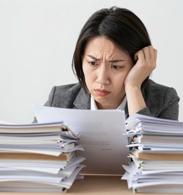 Stressed business looks frustrated while reviewing paperwork; there is a stack untouched. 