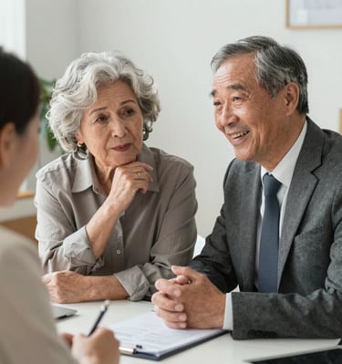 An elderly couple discusses financial planning with a consultant in a bright office.