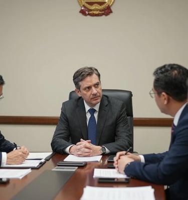 Professional business executive in a grey suit leading a formal boardroom meeting with colleagues.