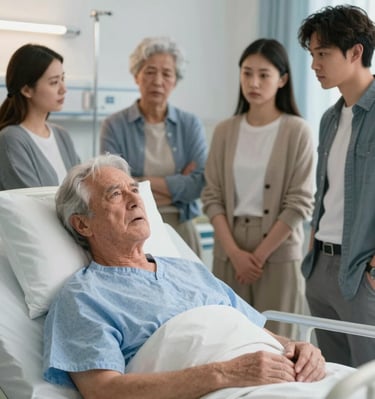A concerned family gathers around an elderly man lying in a hospital bed for medical care.