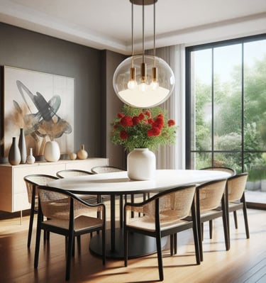 Wizualizacja nowoczesnej jadalni z rattanowymi krzesłami i dekoracjami