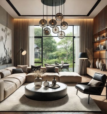 Fotorealistyczna wizualizacja nowoczesnego salonu w ciepłych kolorach ziemi z dużym oknem