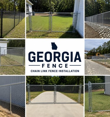 A collage showing professional residential and commercial chain link fence installations by Georgia Fence.