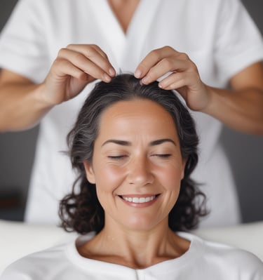 A smiling nurse consulting with a client in a bright treatment room.