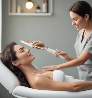 A close-up of a woman enjoying a facial treatment with a relaxed expression.