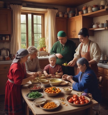 A family preparing tolma in a cozy kitchen setting.
